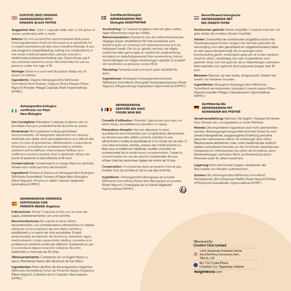 Informationspanel med detaljer om ekologisk ashwagandha från WeightWorld