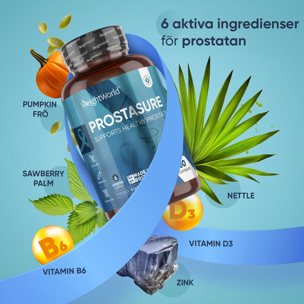 En burk med ProstaSURE omgiven av produktens ingredienser som är bra för prostatan