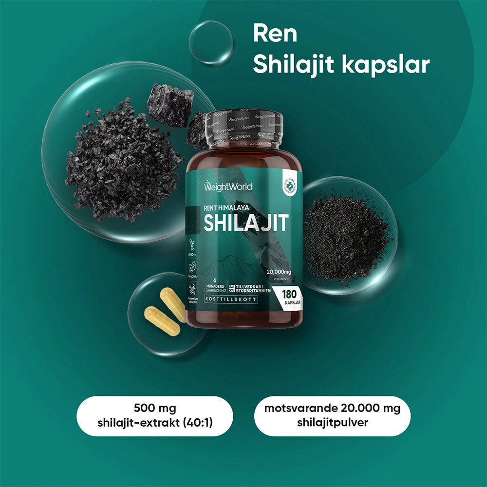 Shilajit-kapslar WeightWorld med svart pulver och kapslar runt flaskan
