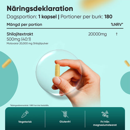 Shilajit-kapslar, hand som håller kapsel vid näringsdeklaration