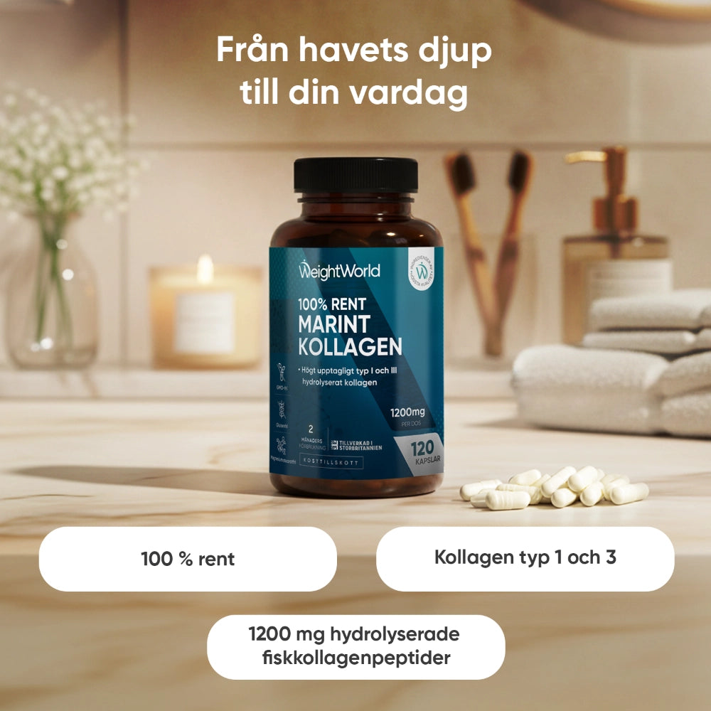 Marint kollagen i blå etikettburk på bord, samt några vita kapslar bredvid