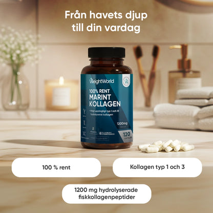 Marint kollagen i blå etikettburk på bord, samt några vita kapslar bredvid