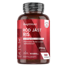 Röd kapselburk WeightWorld med etikett Röd jäst ris 290 mg, 180 kapslar.