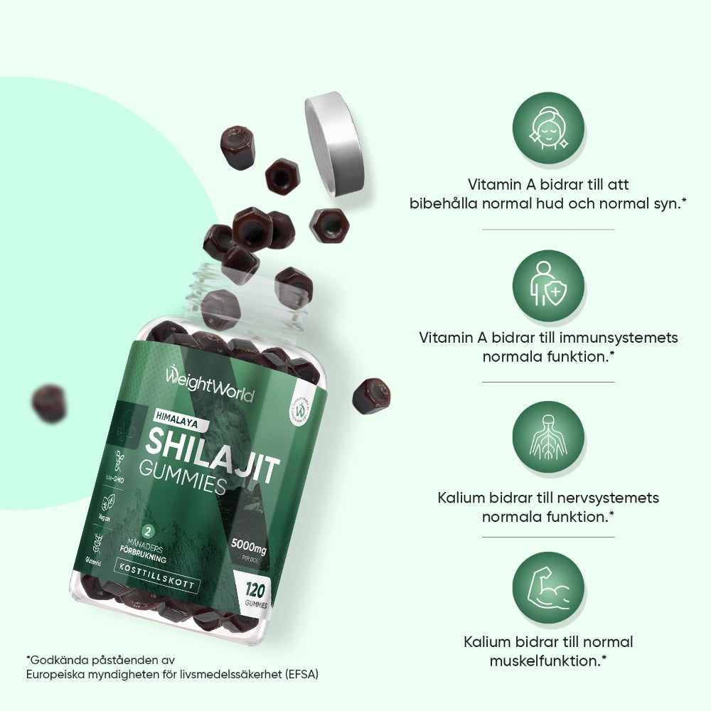 WeightWorld Shilajit-gummier i flaska med mörka gummibitar runt flaskan