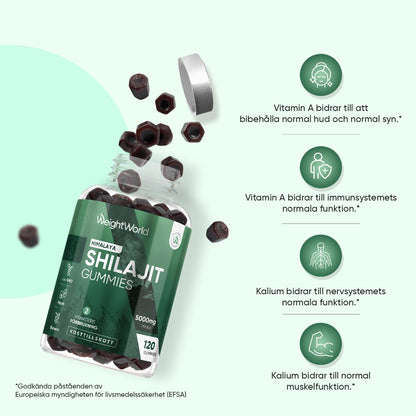 WeightWorld Shilajit-gummier i flaska med mörka gummibitar runt flaskan