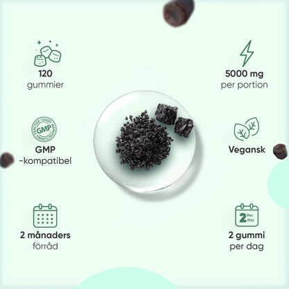 Shilajit-gummier: mörka gummibitar på tallrik