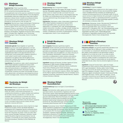 Informationsblad med ingrediens- och innehållsbeskrivningar för shilajit-gummier