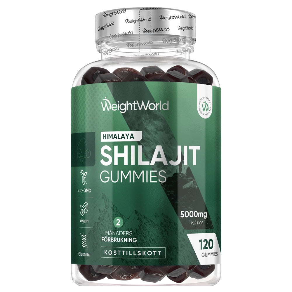 WeightWorld Shilajit-gummier i klar plastflaska med mörka gummibitar