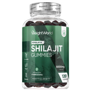 WeightWorld Shilajit-gummier i klar plastflaska med mörka gummibitar