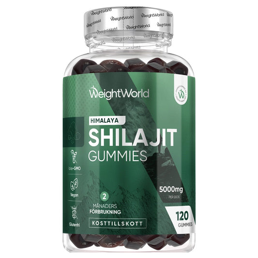 WeightWorld Shilajit-gummier i klar plastflaska med mörka gummibitar
