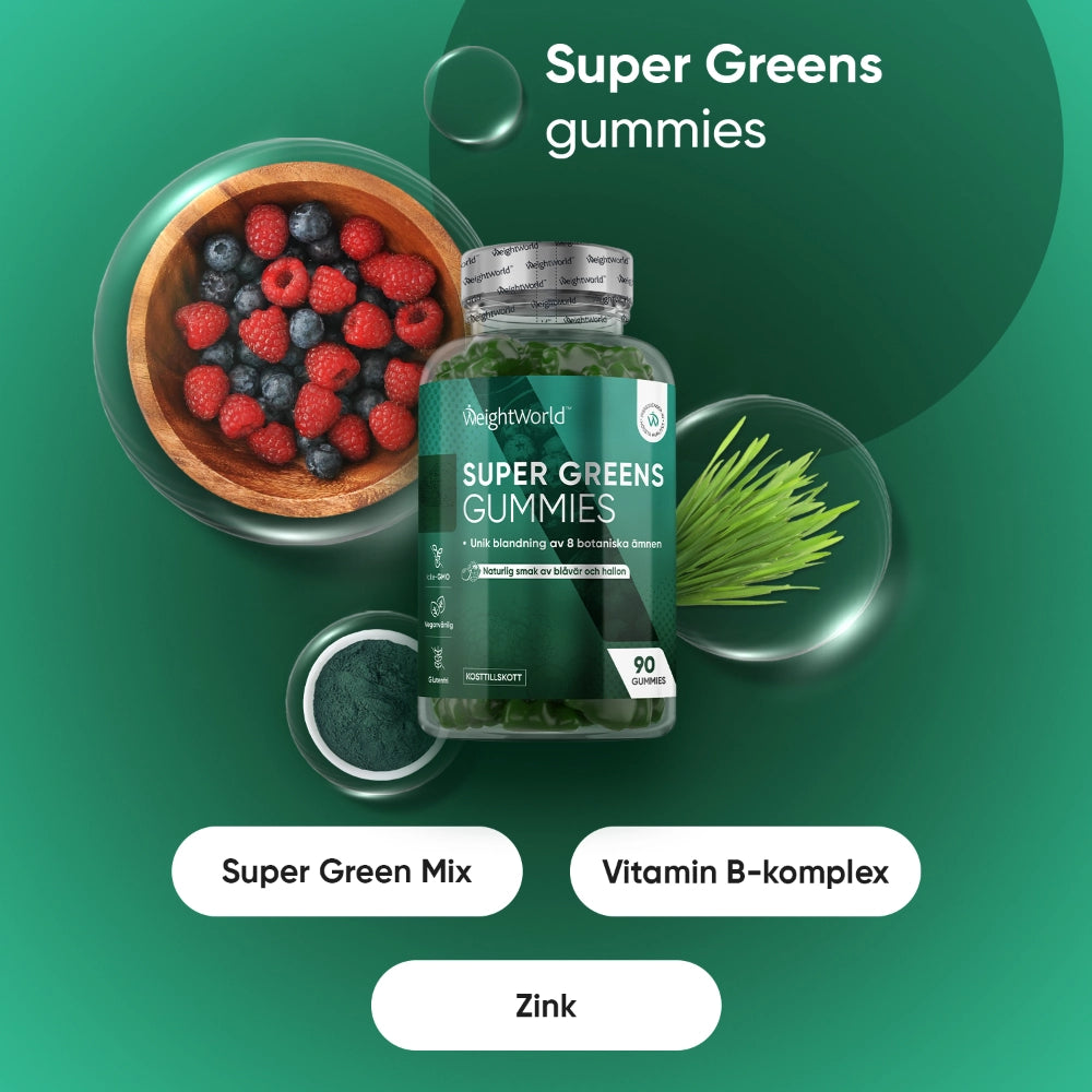 Gröna super greens-gummies i burk med illustration av bär och gräsgroddar