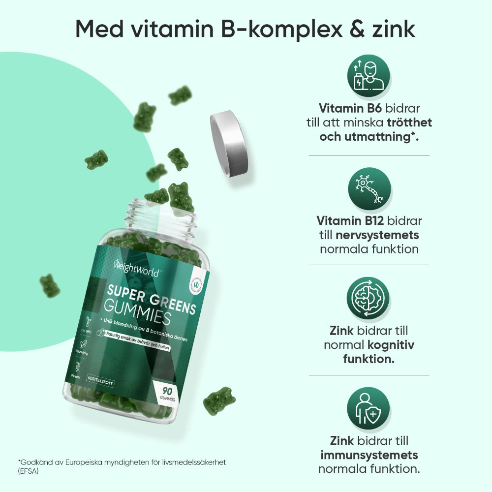 Burk med super greens-gummies med text om vitamin B-komplex och zink