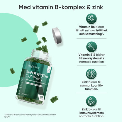 Burk med super greens-gummies med text om vitamin B-komplex och zink