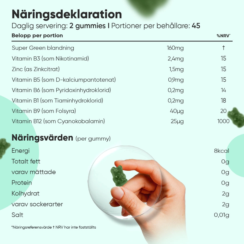 Hand som håller grön gummy över näringsdeklaration för super greens-gummies