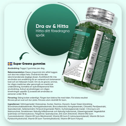 Baksida av förpackning med text och ingredienslista för super greens-gummies