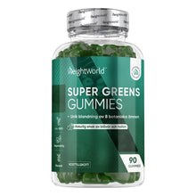Gröna vitamingummies i glasburk med etikett Super Greens och 90 gummies