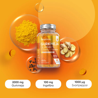 Gurkmeja Gummies i flaska omgiven av citron, peppar och ingefära