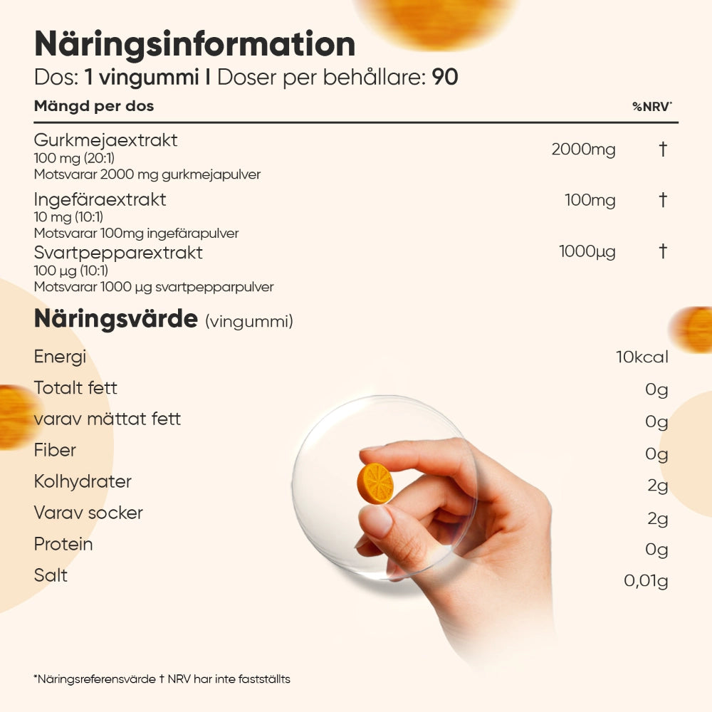 Näringsinformation för Gurkmeja Gummies och hand håller en orange gummy
