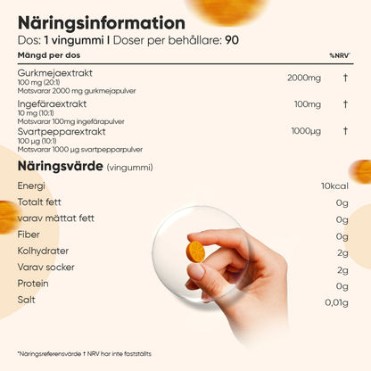 Näringsinformation för Gurkmeja Gummies och hand håller en orange gummy