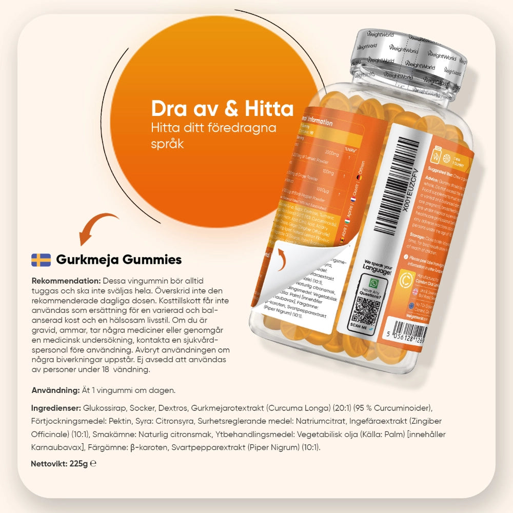 Gurkmeja Gummies-förpackning med instruktioner och flaska i genomskinlig kapsel