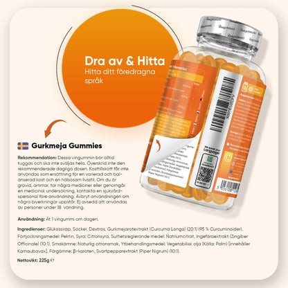 Gurkmeja Gummies-förpackning med instruktioner och flaska i genomskinlig kapsel