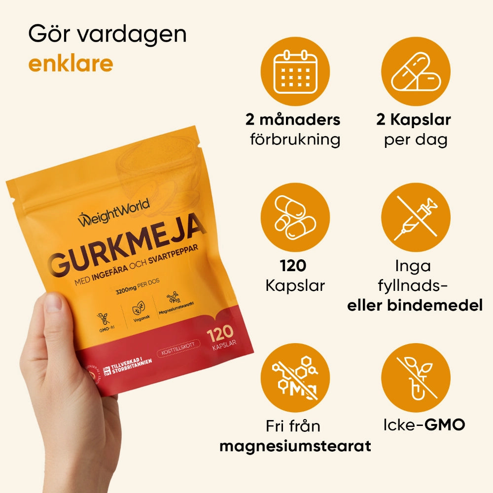 Gurkmeja WeightWorld i gul påse, 2 kapslar per dag, 120 kapslar