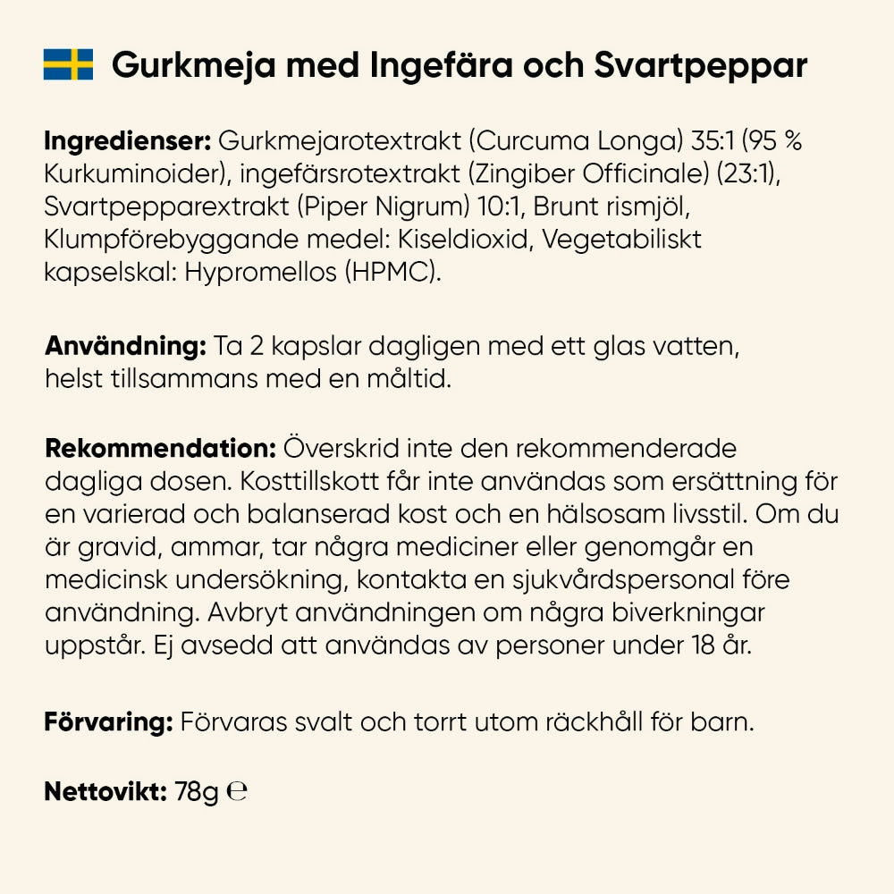 Ingredienser och användning för gurkmeja med ingefära och svartpeppar, nettovikt 78 g