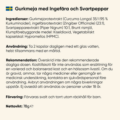 Ingredienser och användning för gurkmeja med ingefära och svartpeppar, nettovikt 78 g
