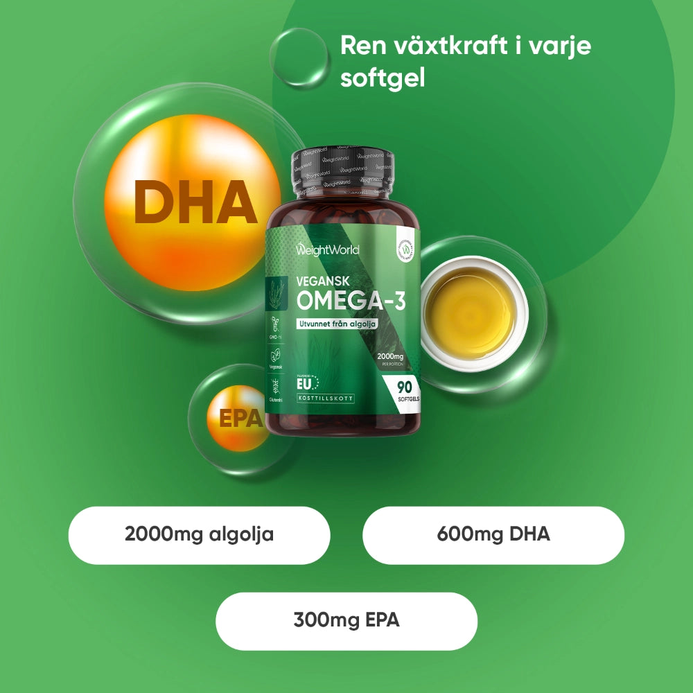 Veganskt omega-3 i flaska med angivna doser: 2000 mg algolja, 600 mg DHA, 300 mg EPA