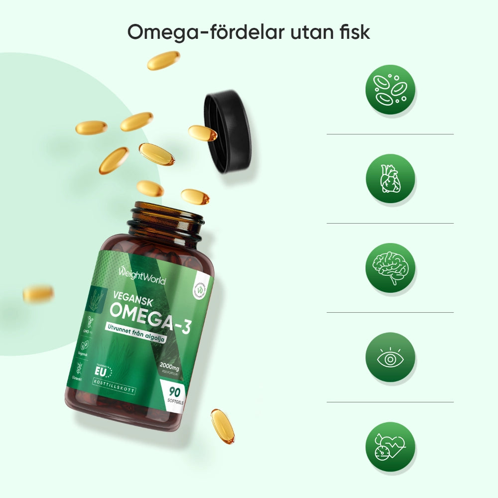 Veganskt omega-3-tillskott i flaska med omega-symboler och text om fördelar utan fisk