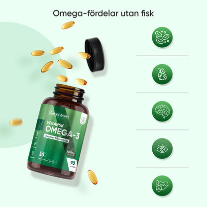 Veganskt omega-3-tillskott i flaska med omega-symboler och text om fördelar utan fisk