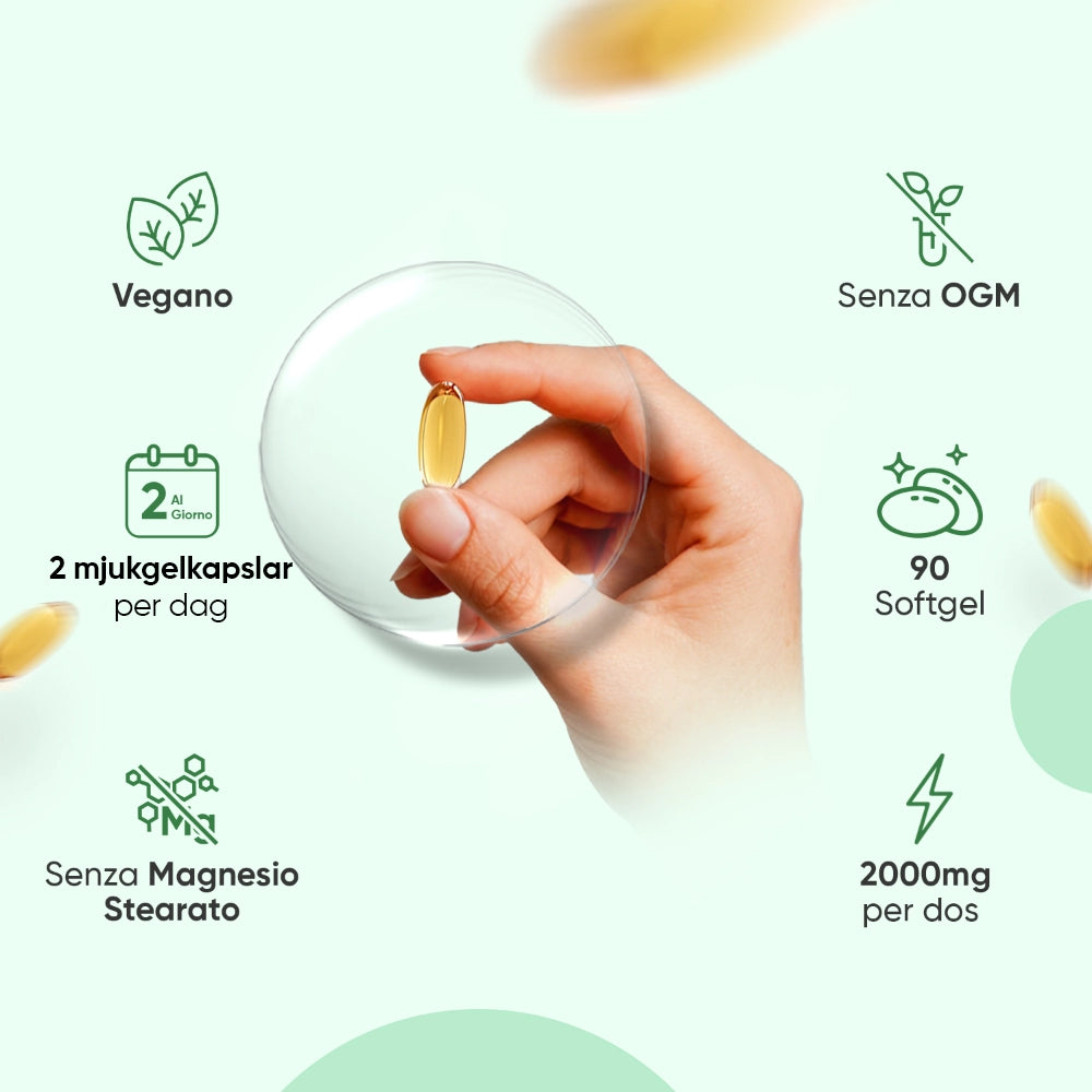 Veganskt omega-3 med två mjukkapslar per dag, hand som håller en softgel, 2000 mg per dos
