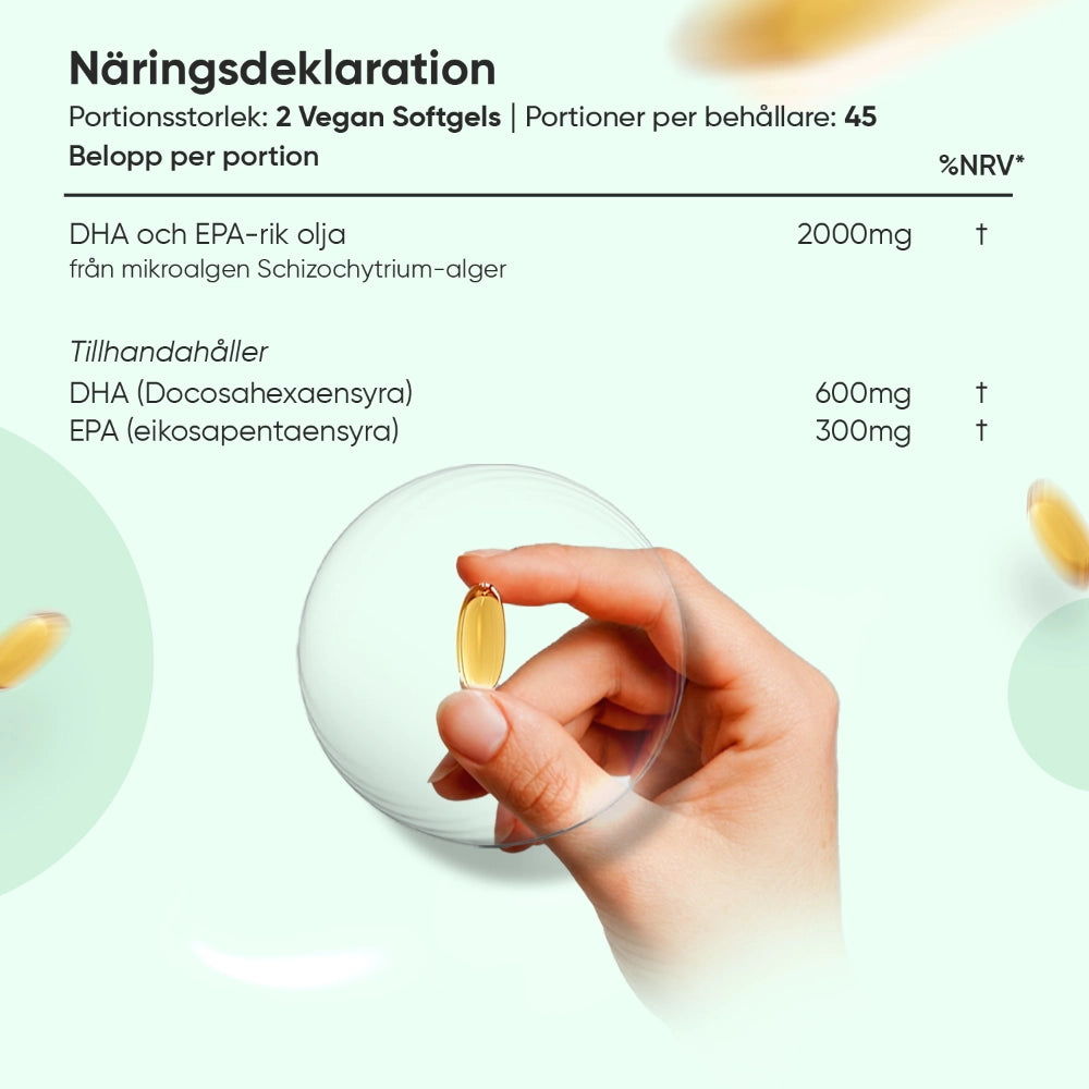 Näringsdeklaration för veganskt omega-3: DHA 600 mg och EPA 300 mg per portion