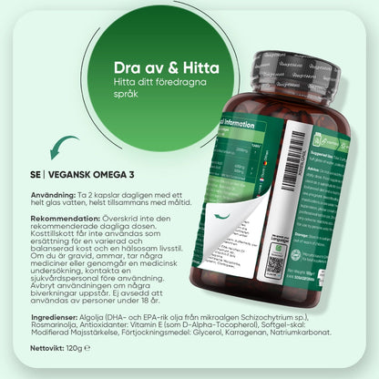 Baksida på veganskt omega-3 i flaska med bruksanvisning och ingredienslista