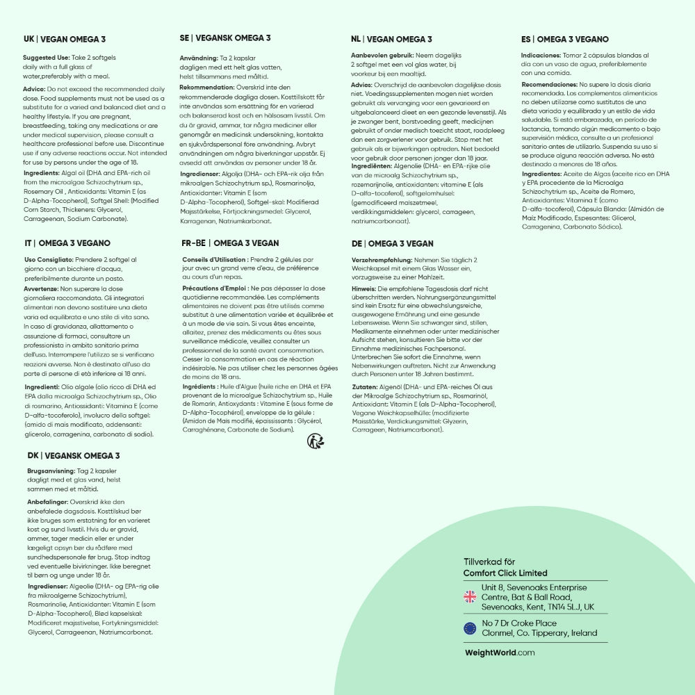 Informationsblad med omega-3 VEGANSK-text och dosuppgifter i flera språkrutor