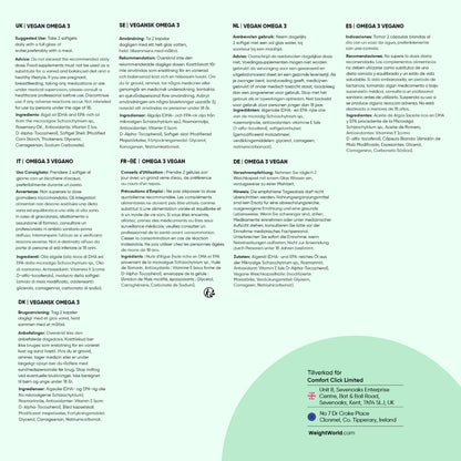Informationsblad med omega-3 VEGANSK-text och dosuppgifter i flera språkrutor