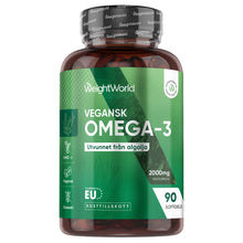 Veganskt omega-3-tillskott i mörk bärnstensflaska med WeightWorld-etikett, 90 softgels