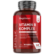 Vitamin B-komplexflaska från WeightWorld med röd etikett och skruvkork