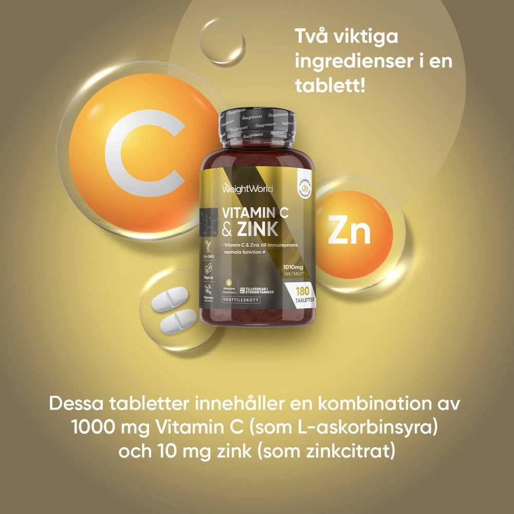 Vitamin C- och zinktabletter i brun flaska med vita tabletter och ZN-ikon.