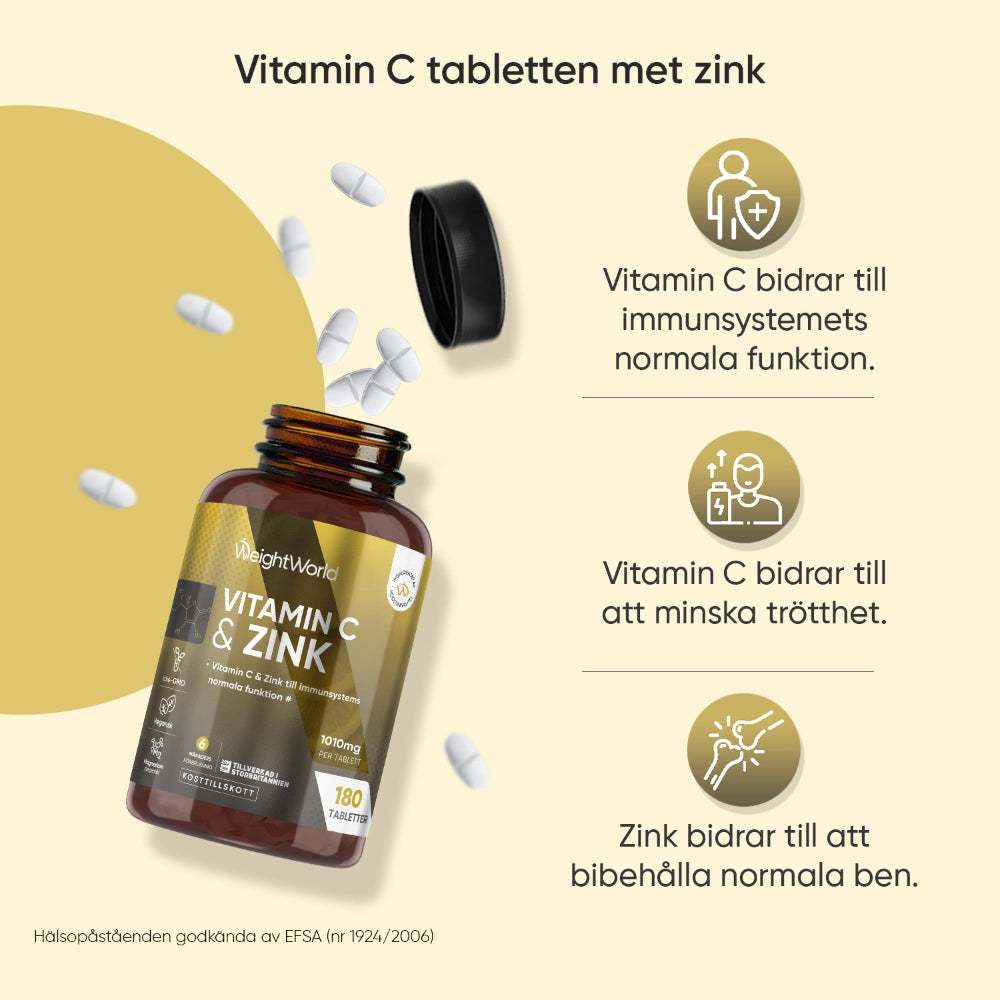Vitamin C- och zinktabletter: brun flaska med vita tabletter runtom.