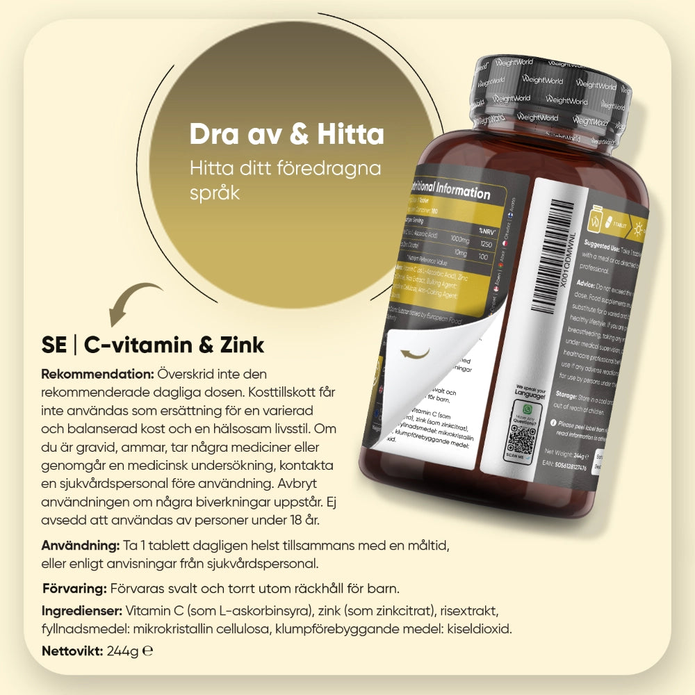 Vitamin C- och zinktabletter i brun flaska med baksidestext och etikett.