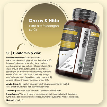 Vitamin C- och zinktabletter i brun flaska med baksidestext och etikett.
