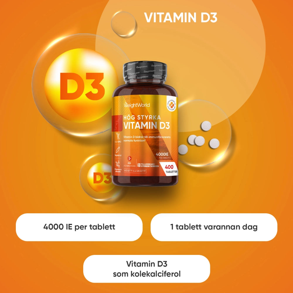 Vitamin D3-tillskott med flaska och vita tabletter