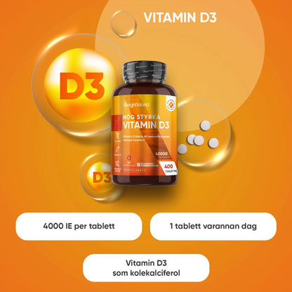 Vitamin D3-tillskott med flaska och vita tabletter