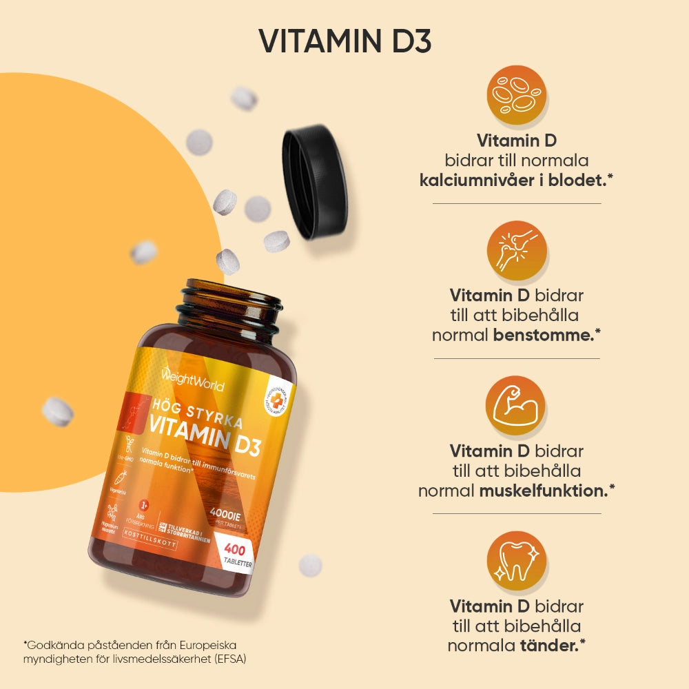 Vitamin D3-tillskott i brun flaska med vita tabletter och hälsoikoner
