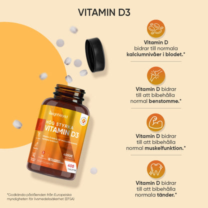 Vitamin D3-tillskott i brun flaska med vita tabletter och hälsoikoner