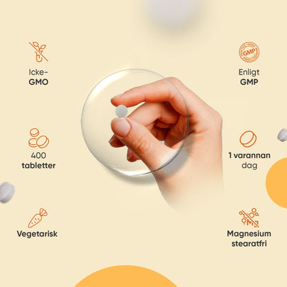Vitamin D3-tillskott med hand som håller grå tablett och certifieringsmärken