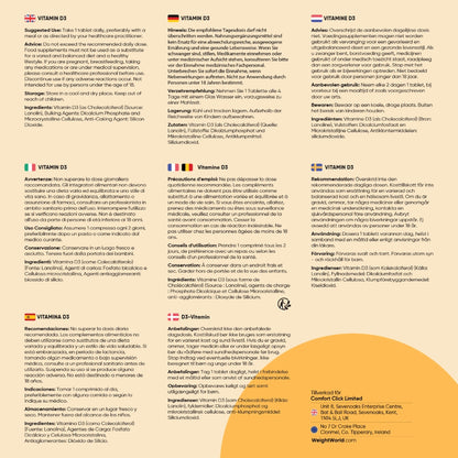 Vitamin D3-tillskott baksida med ingredienser och information