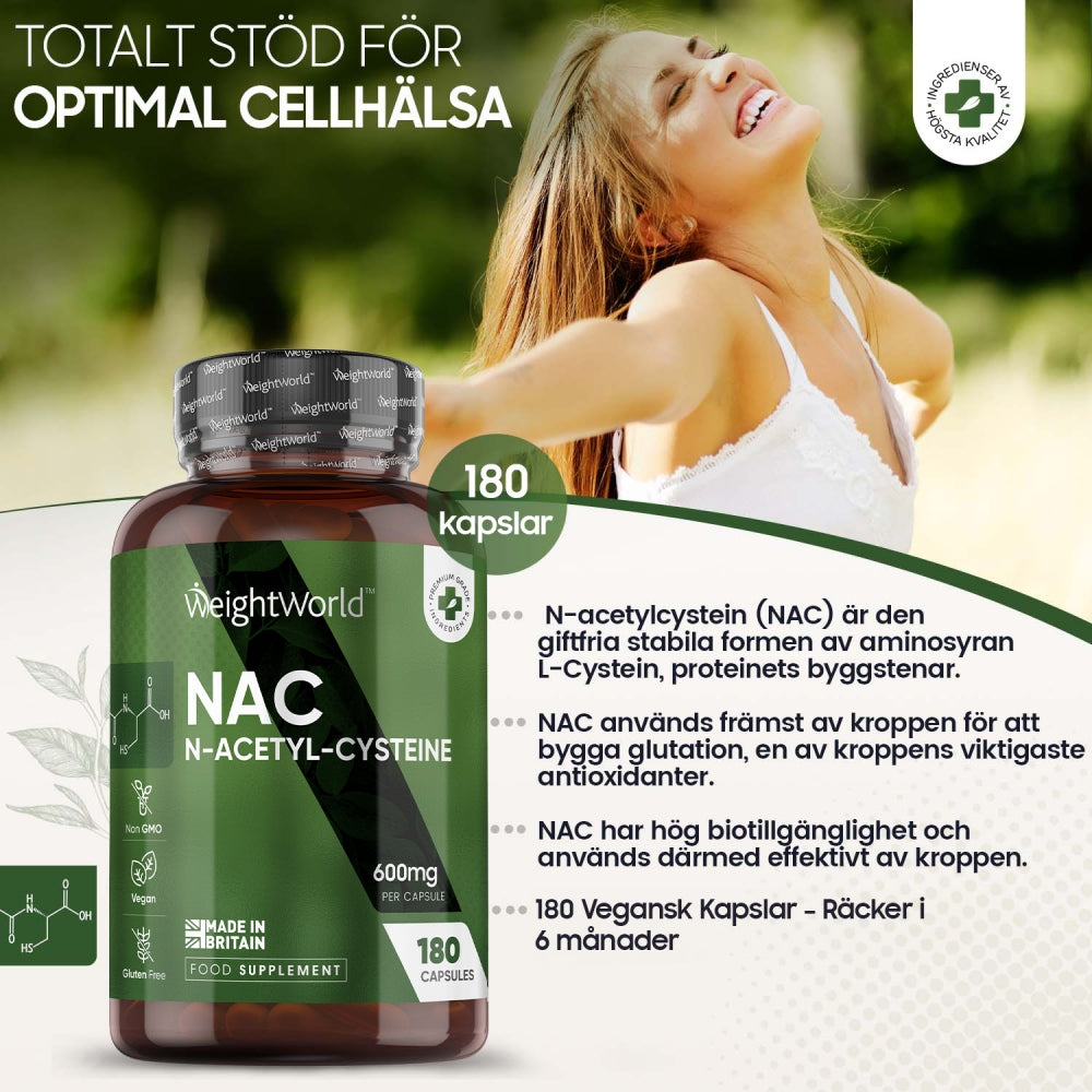 En burk med WeightWorlds N-acetylcystein (NAC) med en glad kvinna i bakgrunden, och information om produkten