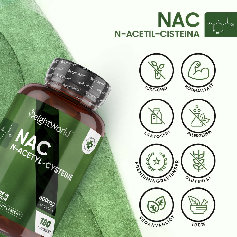 En burk med WeightWorlds N-acetylcystein (NAC) och olika produktfördelar